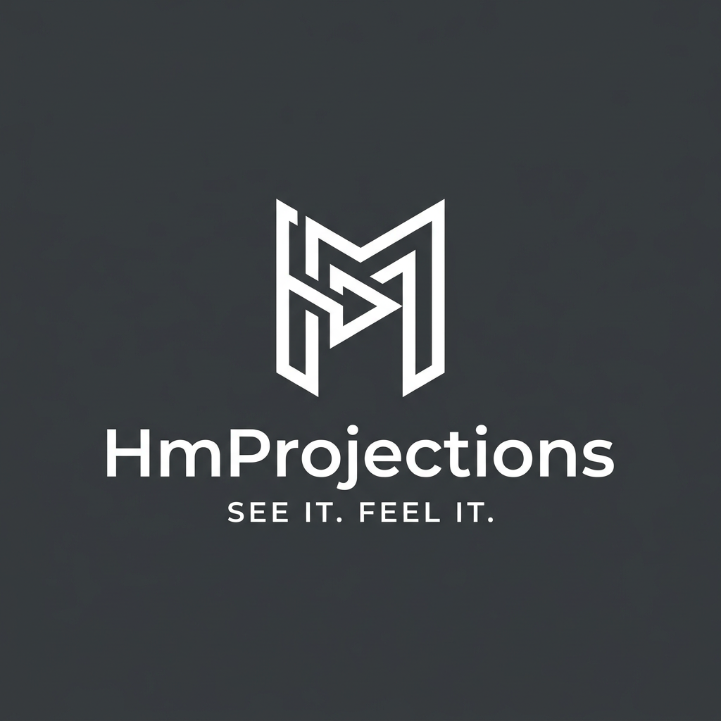 AI Design for A minimalist, modern logo design featuring clean geometric lines and balanced negative space. The aesthetic should be professional, versatile, and high-contrast, presented on a solid, neutral background to ensure clarity and scalability. The ttile is "HmProjections" Tagline "SEE OT. FEEL IT"