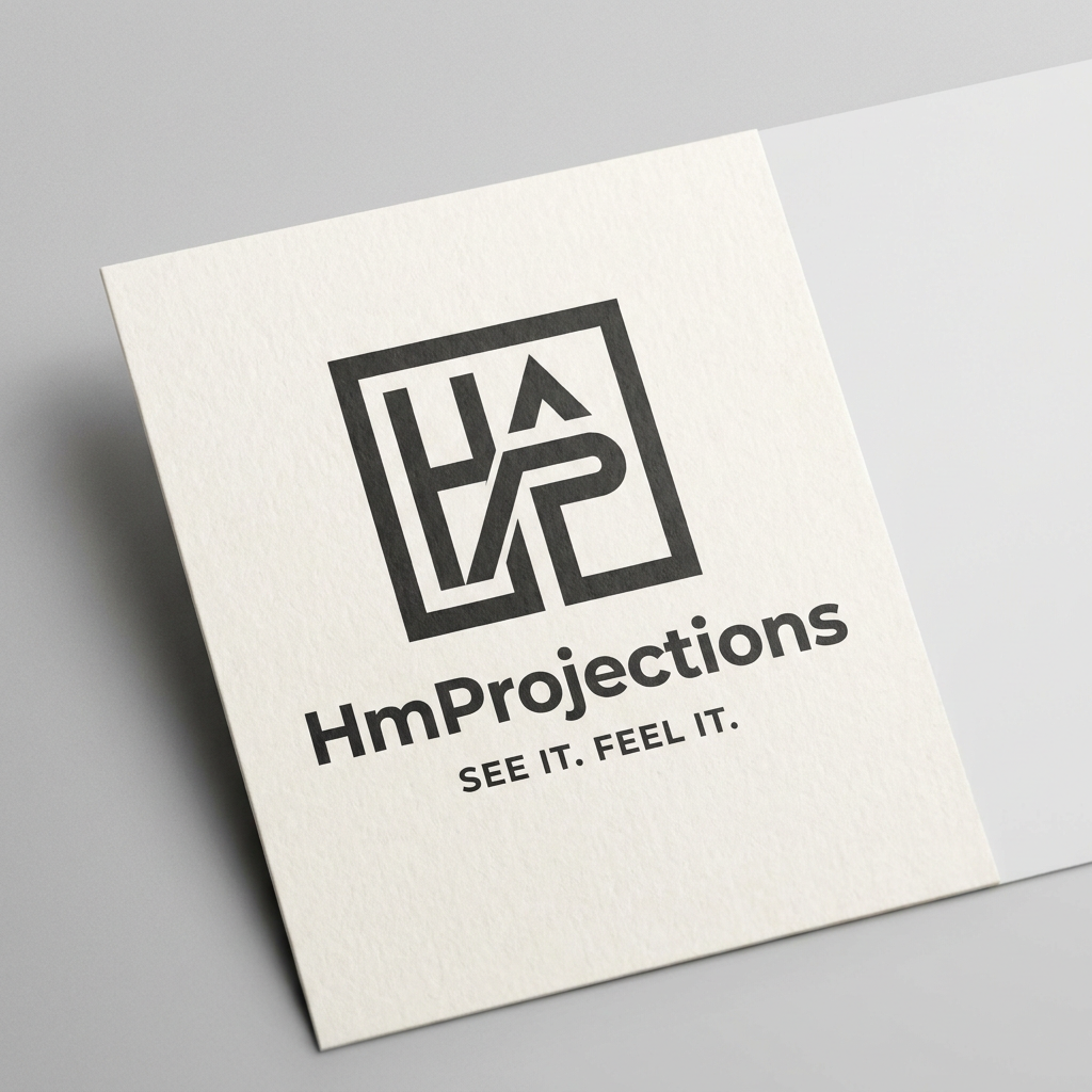 AI Design for A minimalist, modern logo design featuring clean geometric lines and balanced negative space. The aesthetic should be professional, versatile, and high-contrast, presented on a solid, neutral background to ensure clarity and scalability. The ttile is "HmProjections" Tagline "SEE OT. FEEL IT"
