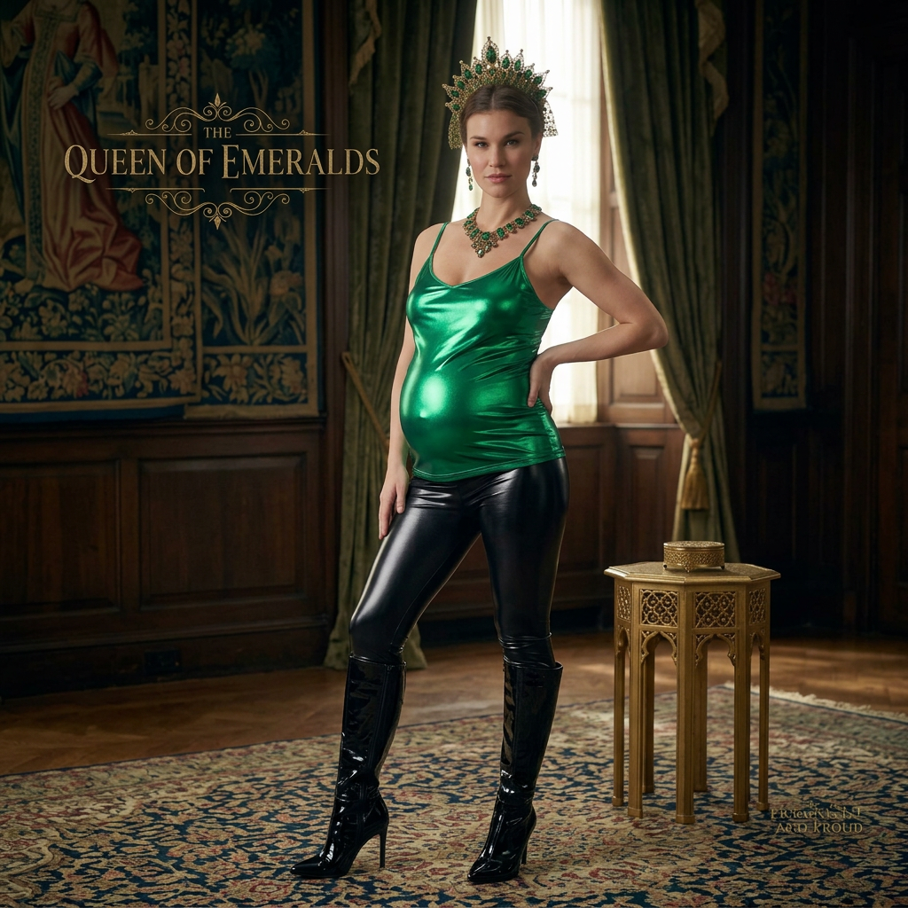 AI Design for this beautiful queen of emerald is standing while showing queen hot pose she wears black shiny leather boots that reached to her knees