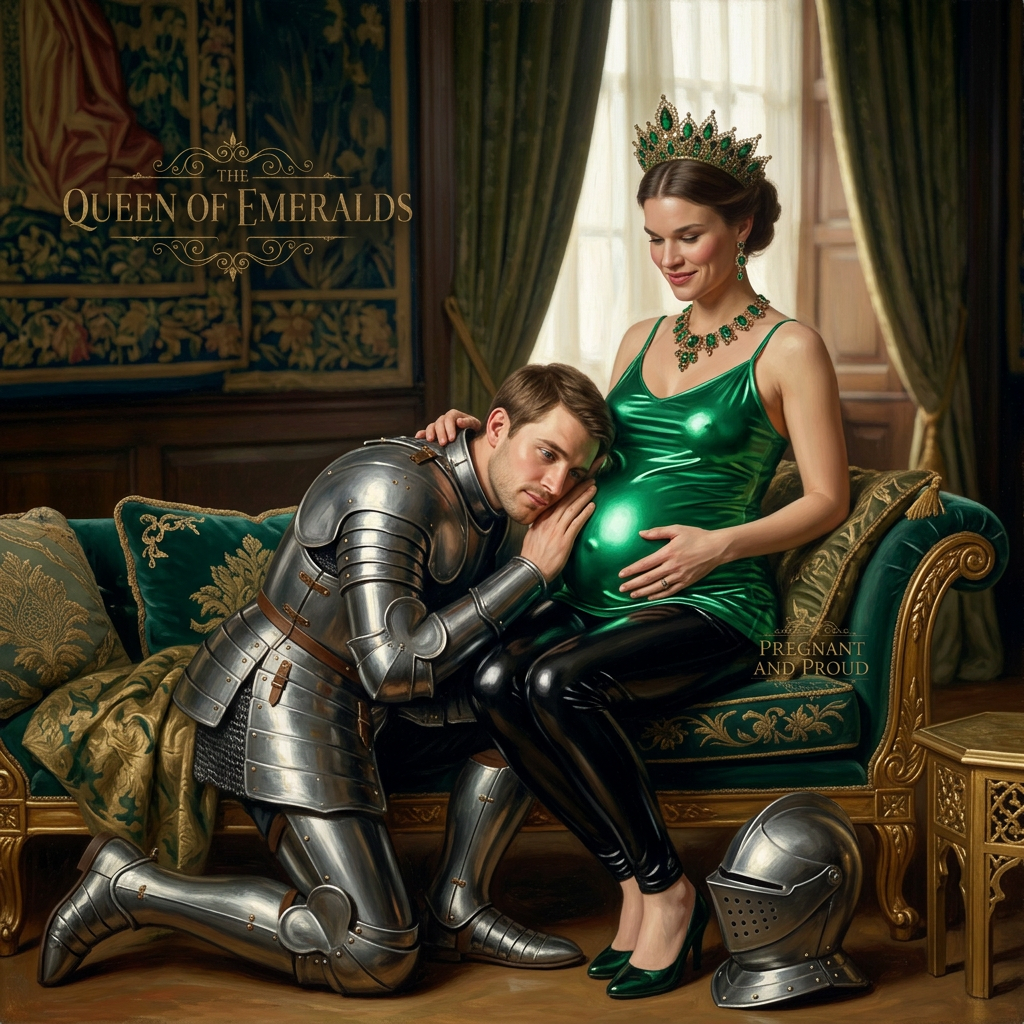 AI Design for this beautiful queen of emerald is who is sitting and unmasked knight is listening to her stoamch