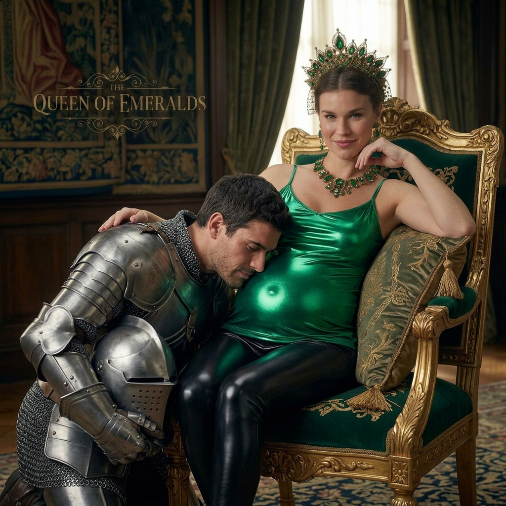AI Design for this beautiful queen of emerald is who is sitting and unmasked knight is listening to her stoamch