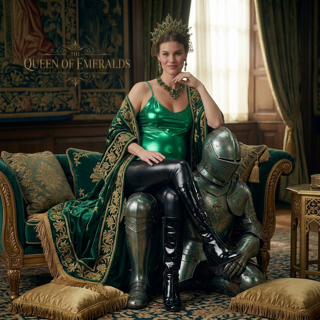 AI Design for this beautiful queen of emerald is who wears shiny black boots that reached to her knees is sitting on a knight both shoulders