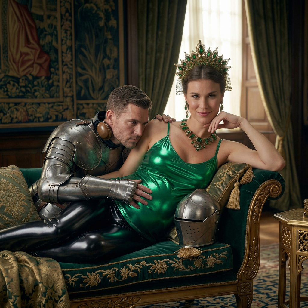 AI Design for this beautiful queen of emerald is who is sitting and unmasked knight is listening to her stoamch