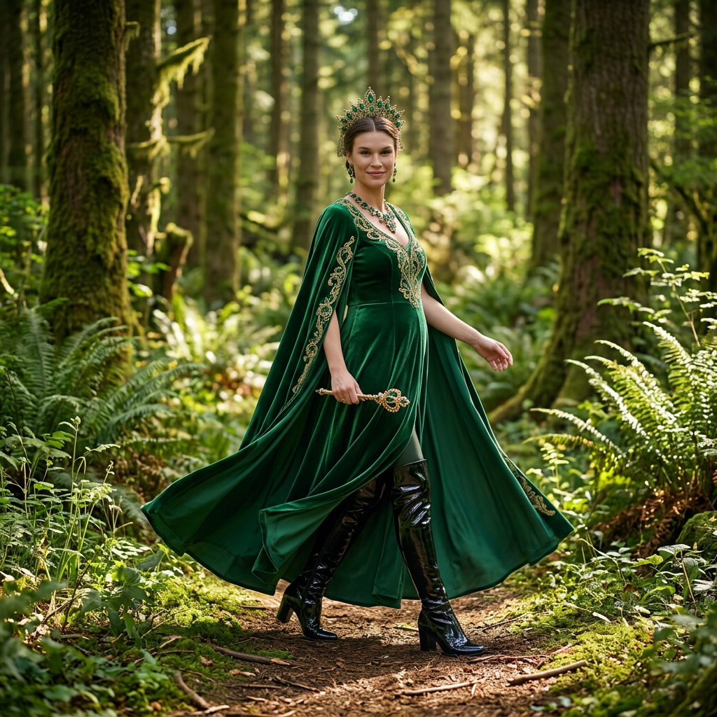 AI Design for this beautiful queen of emerald is who wears shiny black boots that reached to her knees is walking in a forest