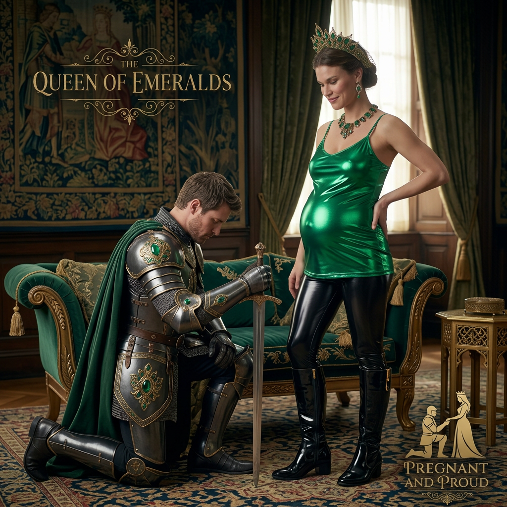 AI Design for this beautiful queen of emerald is who wears shiny black boots that reached to her knees is standing and the knight is kneeling