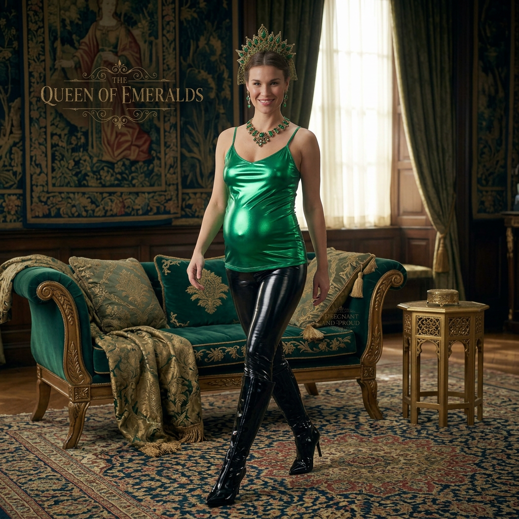 AI Design for this beautiful queen of emerald is who wears shiny black boots that reached to her knees is walking