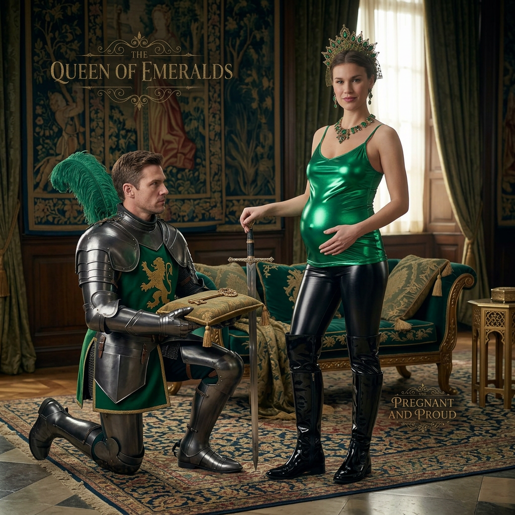 AI Design for this beautiful queen of emerald is who wears shiny black boots that reached to her knees is standing and the knight is kneeling