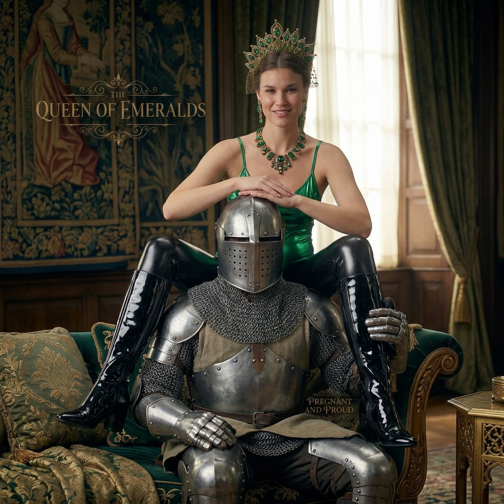 AI Design for this beautiful queen of emerald is who wears shiny black boots that reached to her knees is sitting on a knight both shoulders