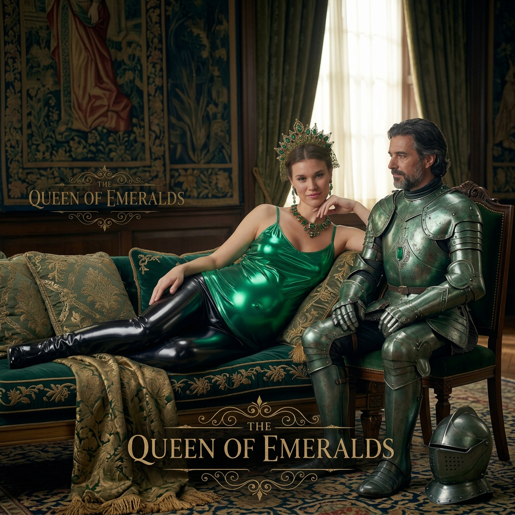 AI Design for this beautiful queen of emerald is who wears shiny black boots that reached to her knees is sitting next to the knight