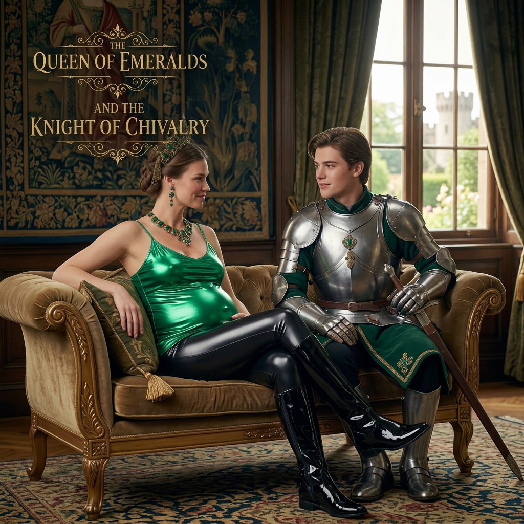 AI Design for this beautiful queen of emerald is who wears shiny black boots that reached to her knees is sitting next to the young knight