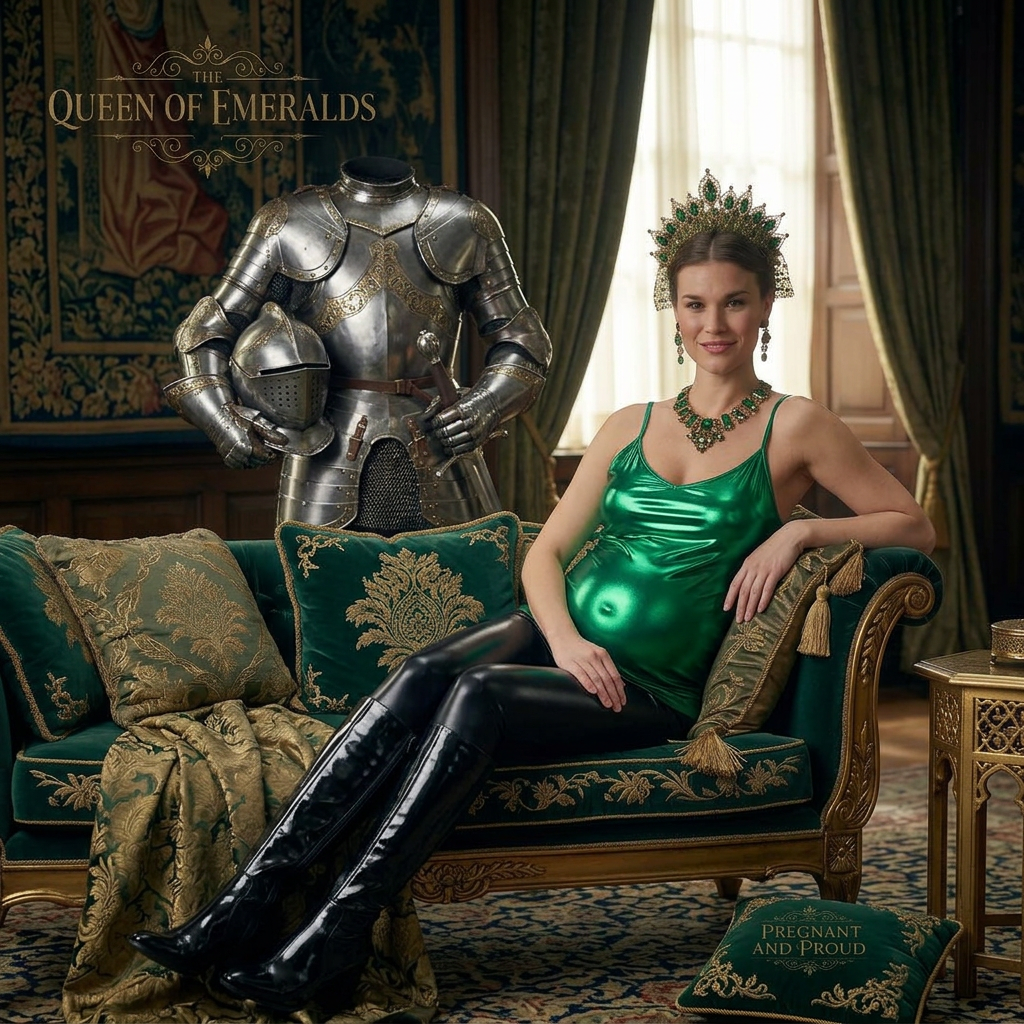 AI Design for this beautiful queen of emerald is who wears shiny black boots that reached to her knees is sitting next to the knight
