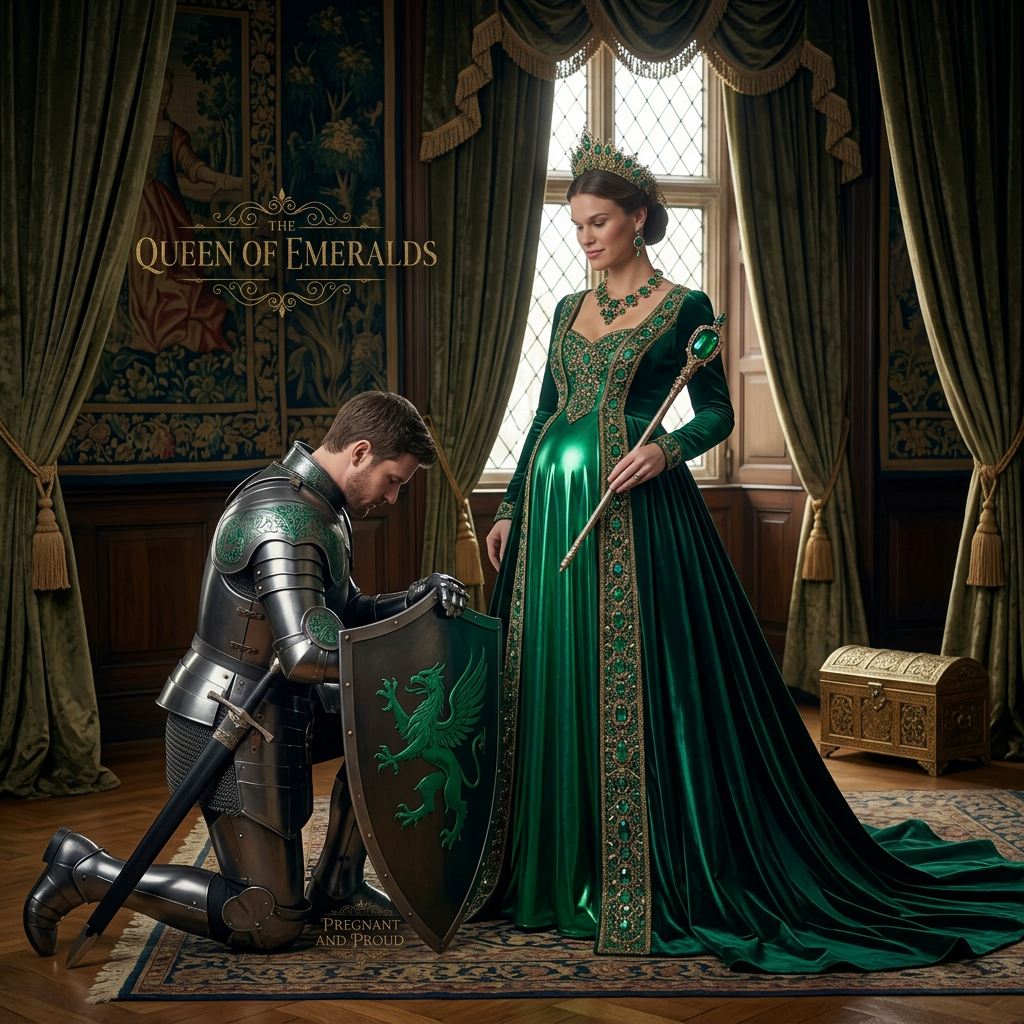 AI Design for this beautiful queen of emerald is who is standing and the knight is kneeling