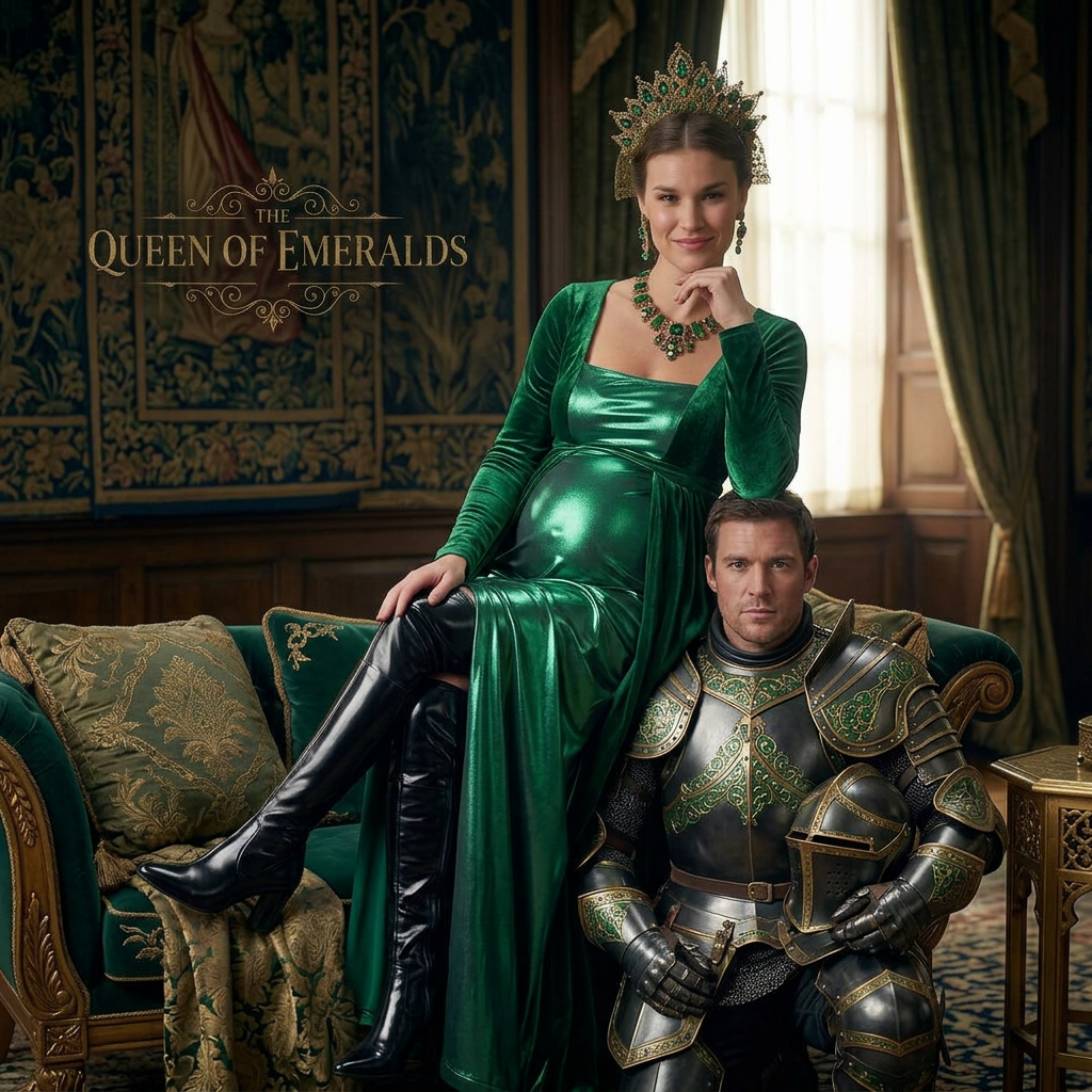AI Design for this beautiful queen of emerald is who wears shiny black boots that reached to her knees is sitting on a knight both shoulders