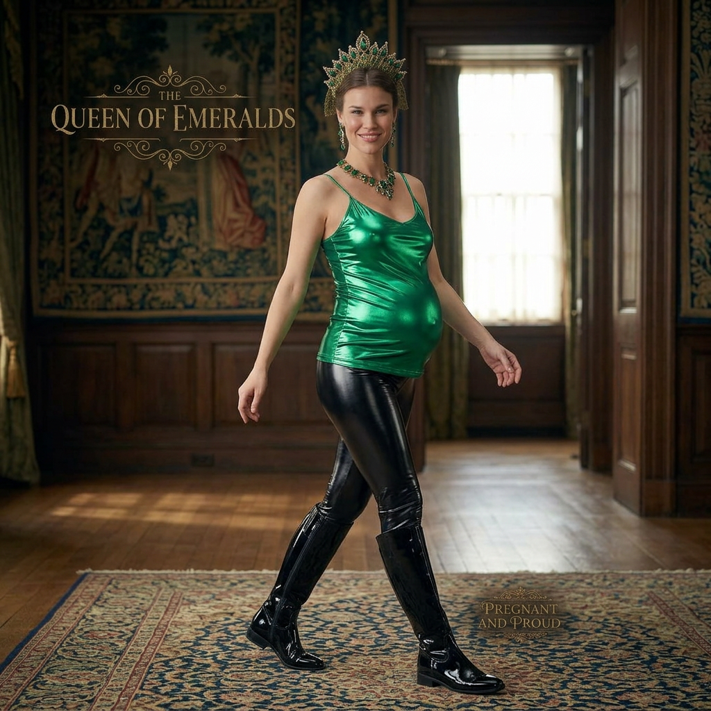 AI Design for this beautiful queen of emerald is who wears shiny black boots that reached to her knees is walking