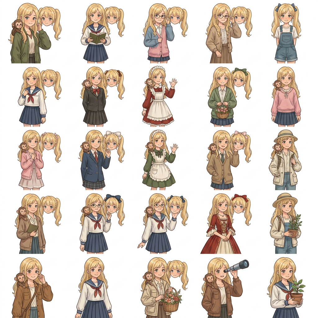 AI Design for creame una imagen animada de este tipo con las gemelas que sale con el pelo de color rubio 1 opciones sin fondo solo 2 chica por cuadrado