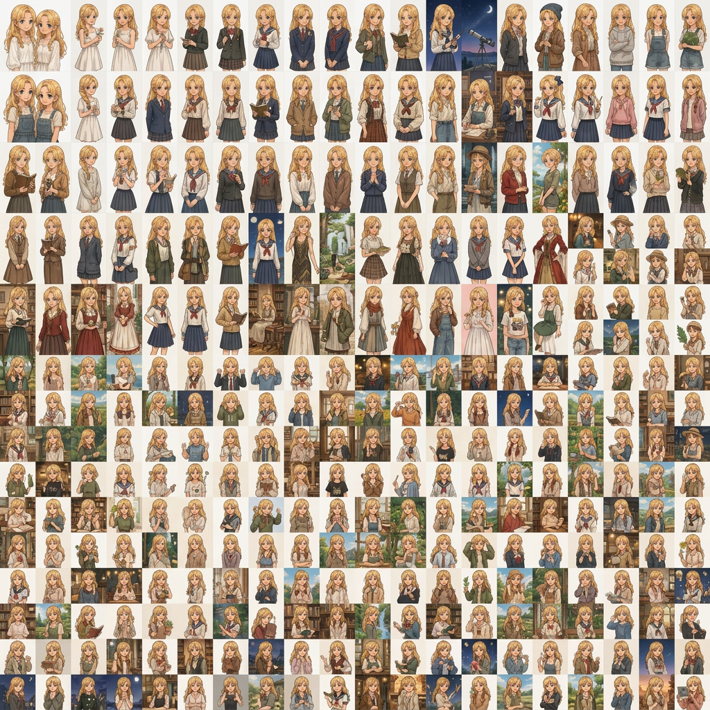 AI Design for creame una imagen animada de este tipo con la chica que sale con el pelo de color rubio 1 opciones sin fondo solo una chica por cuadrado