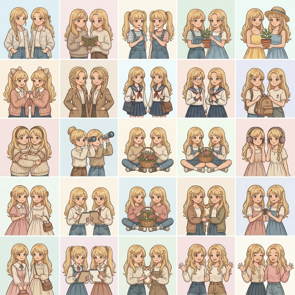 AI Design for creame una imagen animada de este tipo con las gemelas que sale con el pelo de color rubio 1 opciones sin fondo solo 2 chica por cuadrado