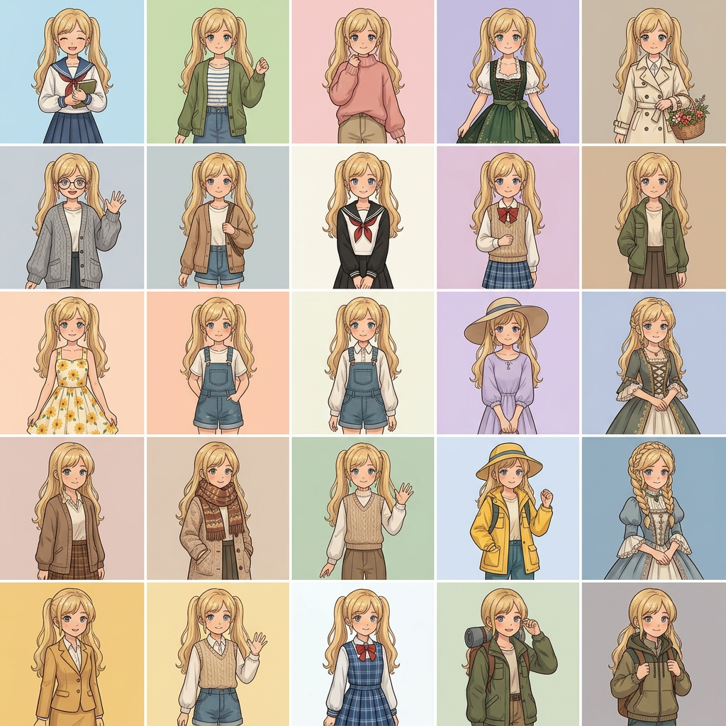 AI Design for creame una imagen animada de este tipo con la chica que sale con el pelo de color rubio 1 opciones sin fondo solo una chica por cuadrado