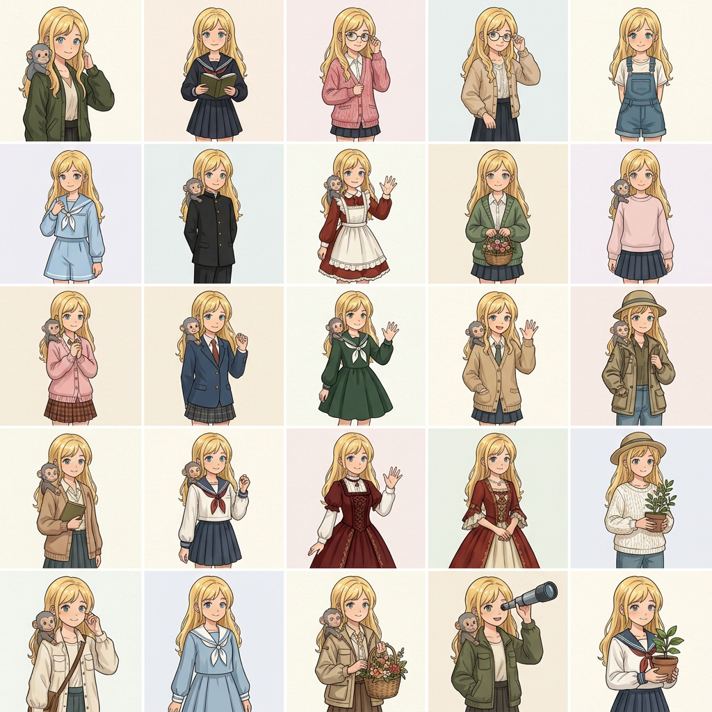 AI Design for creame una imagen animada de este tipo con las gemelas que sale con el pelo de color rubio 1 opciones sin fondo solo 2 chica por cuadrado