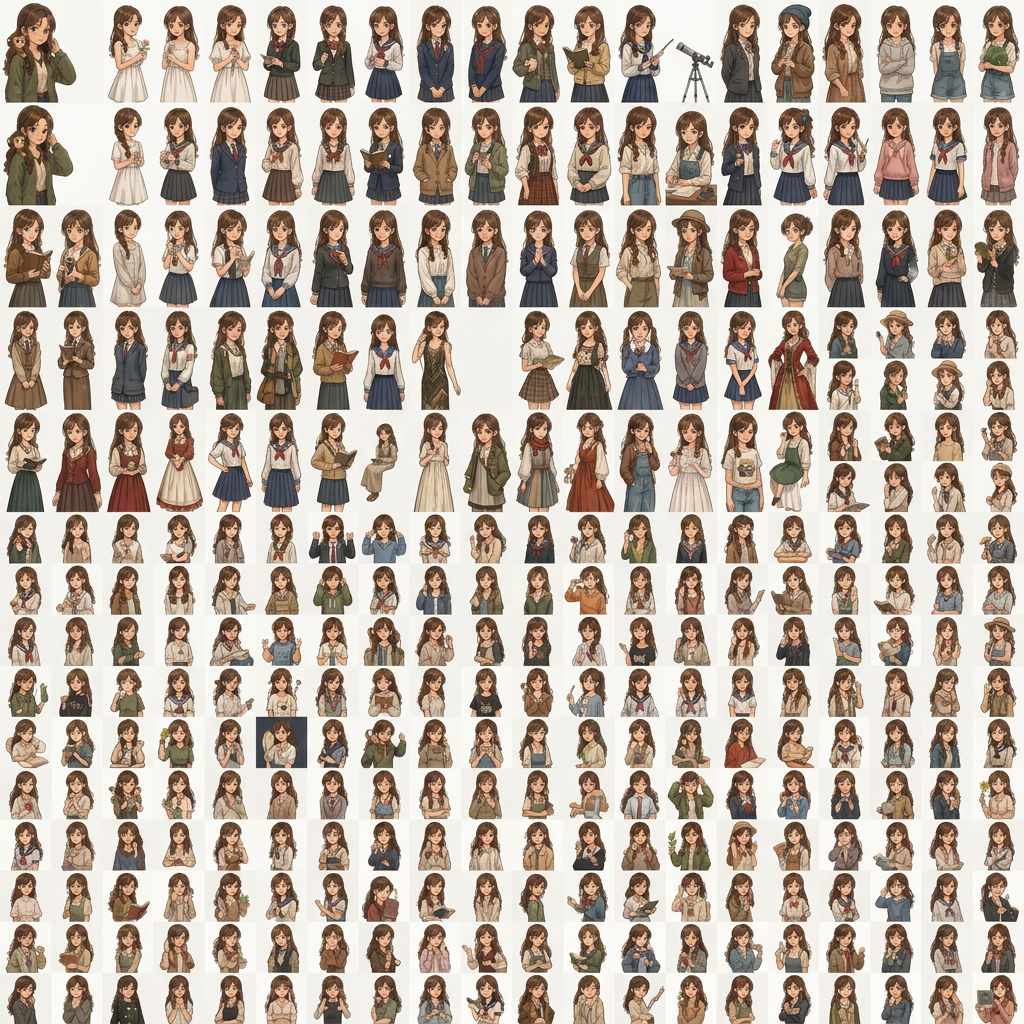 AI Design for creame una imagen animada de este tipo con la chica que sale con el pelo marron 1 opciones sin fondo solo una chica por cuadrado