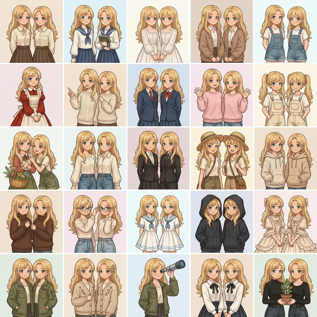 AI Design for creame una imagen animada de este tipo con las gemelas que sale con el pelo de color rubio 1 opciones sin fondo solo 2 chica por cuadrado
