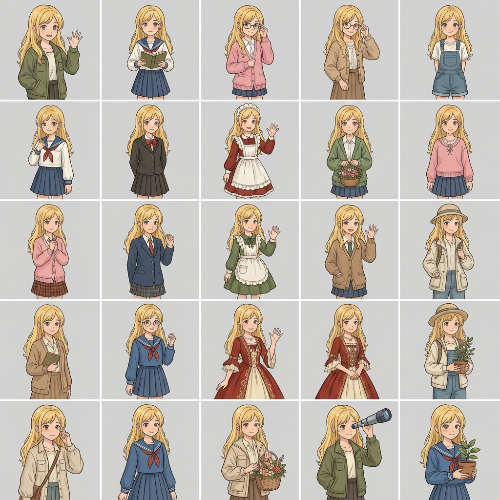 AI Design for creame una imagen animada de este tipo con la chica que sale con el pelo de color rubio 1 opciones sin fondo solo una chica por cuadrado