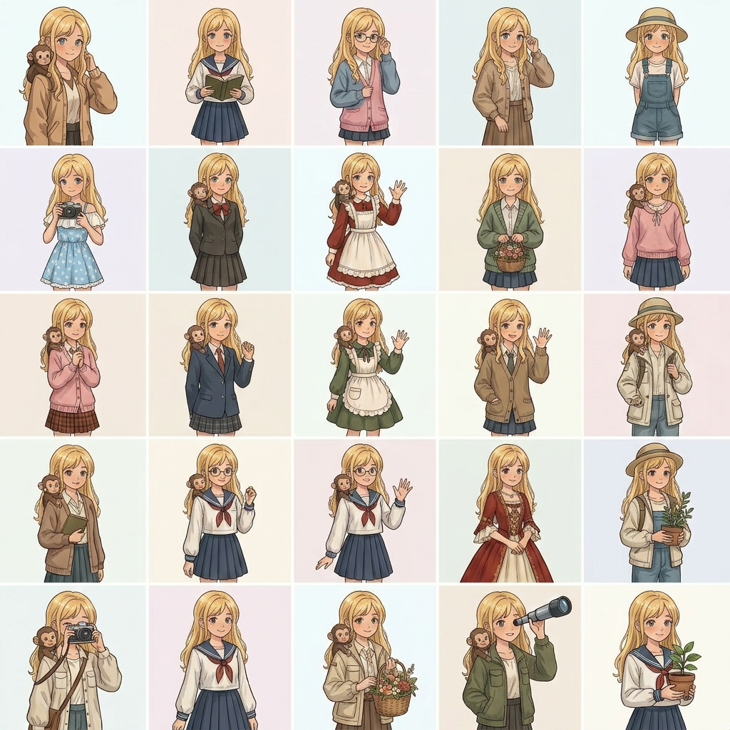 AI Design for creame una imagen animada de este tipo con la chica que sale con el pelo de color rubio 1 opciones sin fondo solo una chica por cuadrado