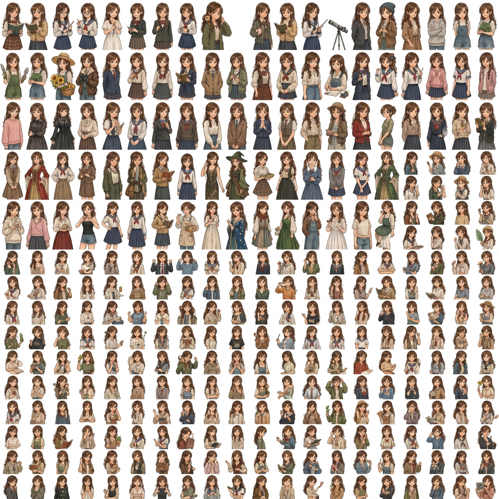 AI Design for creame una imagen animada de este tipo con la chica que sale con el pelo marron 1 opciones sin fondo solo una chica por cuadrado