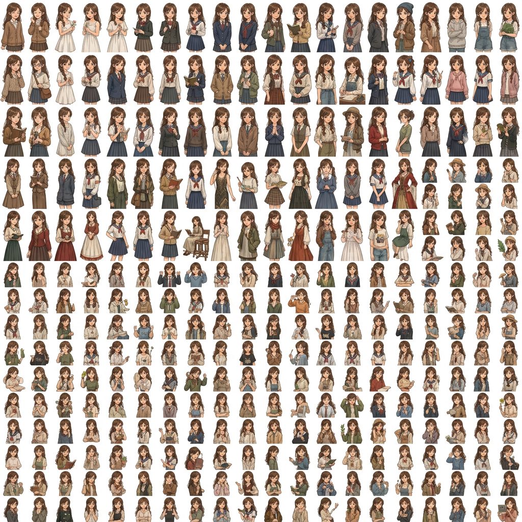 AI Design for creame una imagen animada de este tipo con la chica que sale con el pelo marron 1 opciones sin fondo solo una chica por cuadrado