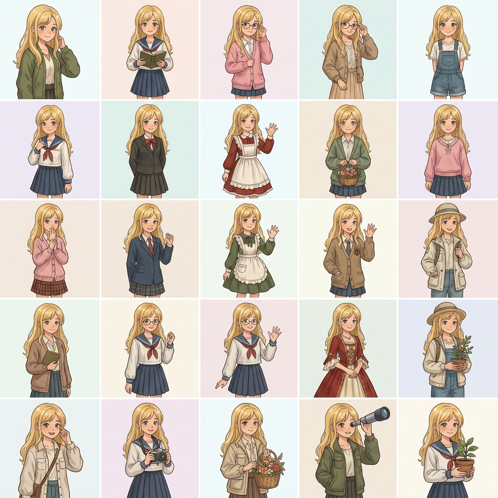AI Design for creame una imagen animada de este tipo con la chica que sale con el pelo de color rubio 1 opciones sin fondo solo una chica por cuadrado