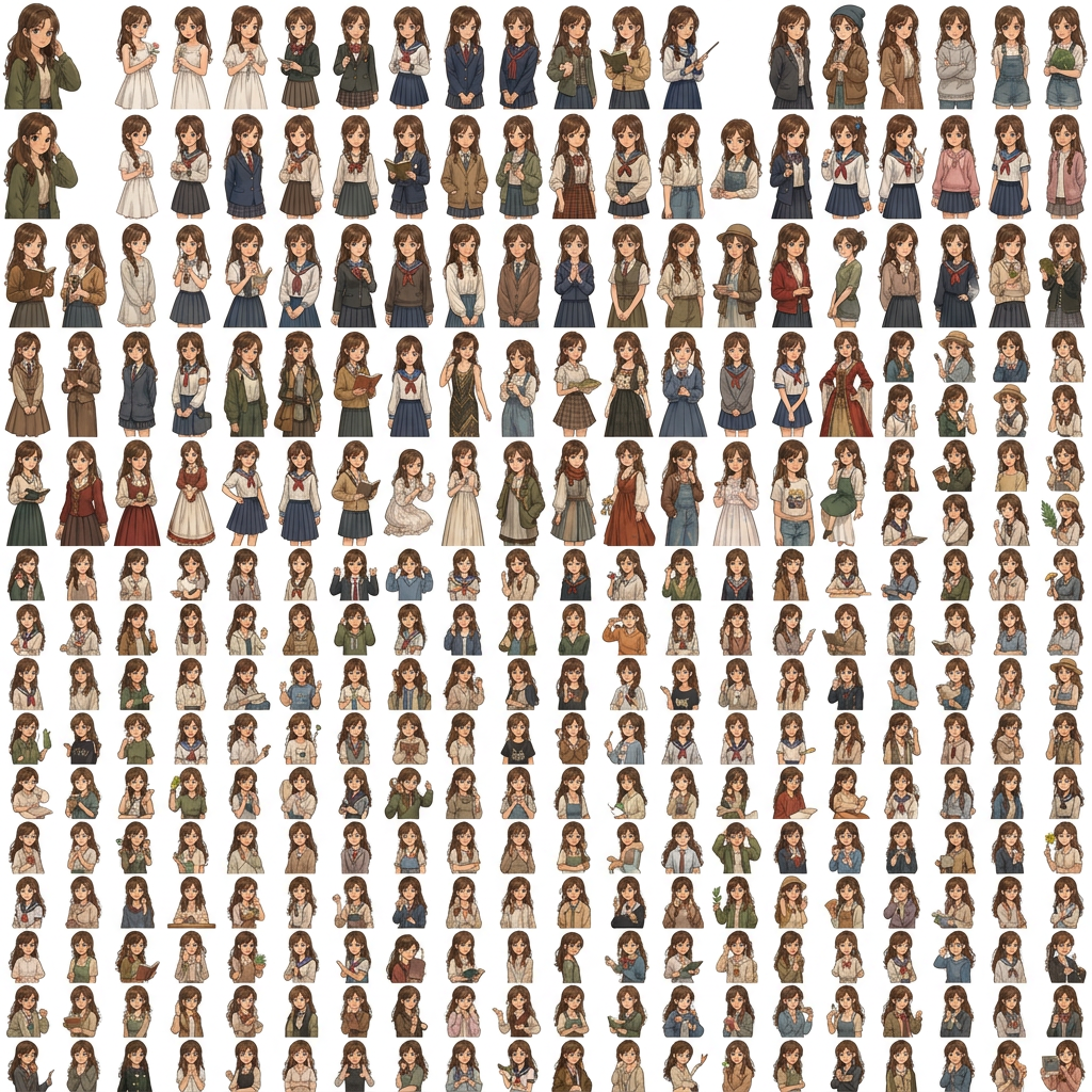 AI Design for creame una imagen animada de este tipo con la chica que sale con el pelo marron 1 opciones sin fondo solo una chica por cuadrado
