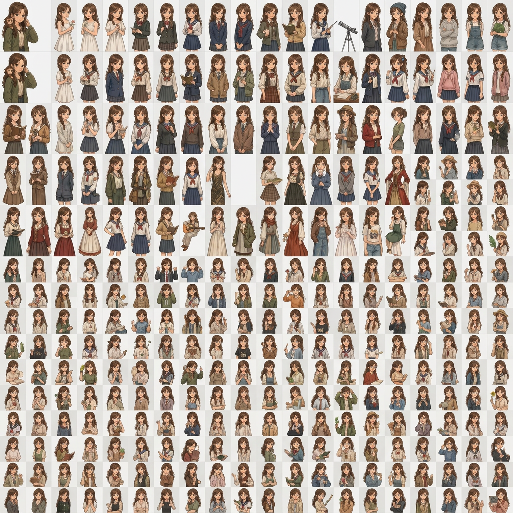 AI Design for creame una imagen animada de este tipo con la chica que sale con el pelo marron 500 opciones sin fondo solo una chica por cuadrado