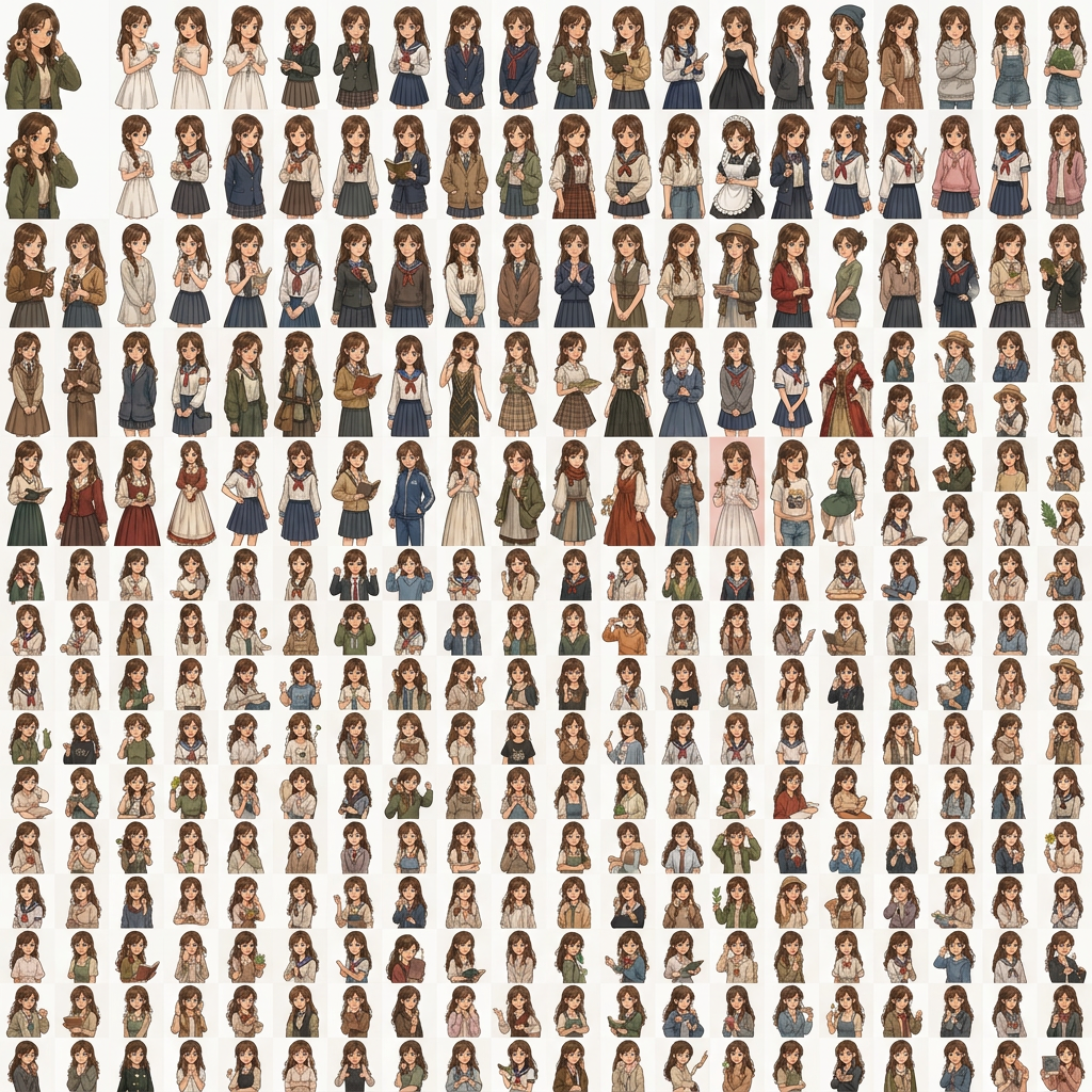 AI Design for creame una imagen animada de este tipo con la chica que sale con el pelo marron 1 opciones sin fondo solo una chica por cuadrado