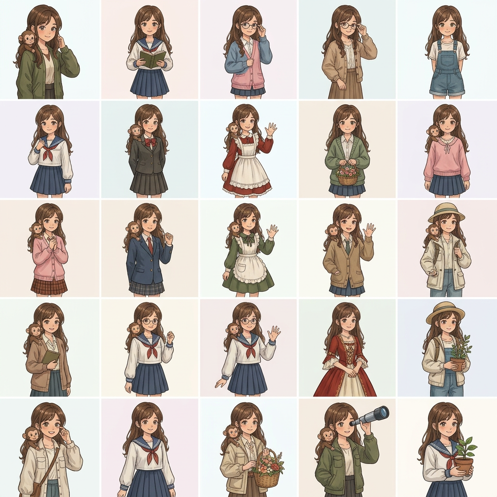 AI Design for creame una imagen animada de este tipo con la chica que sale con el pelo marron 1 opciones sin fondo solo una chica por cuadrado
