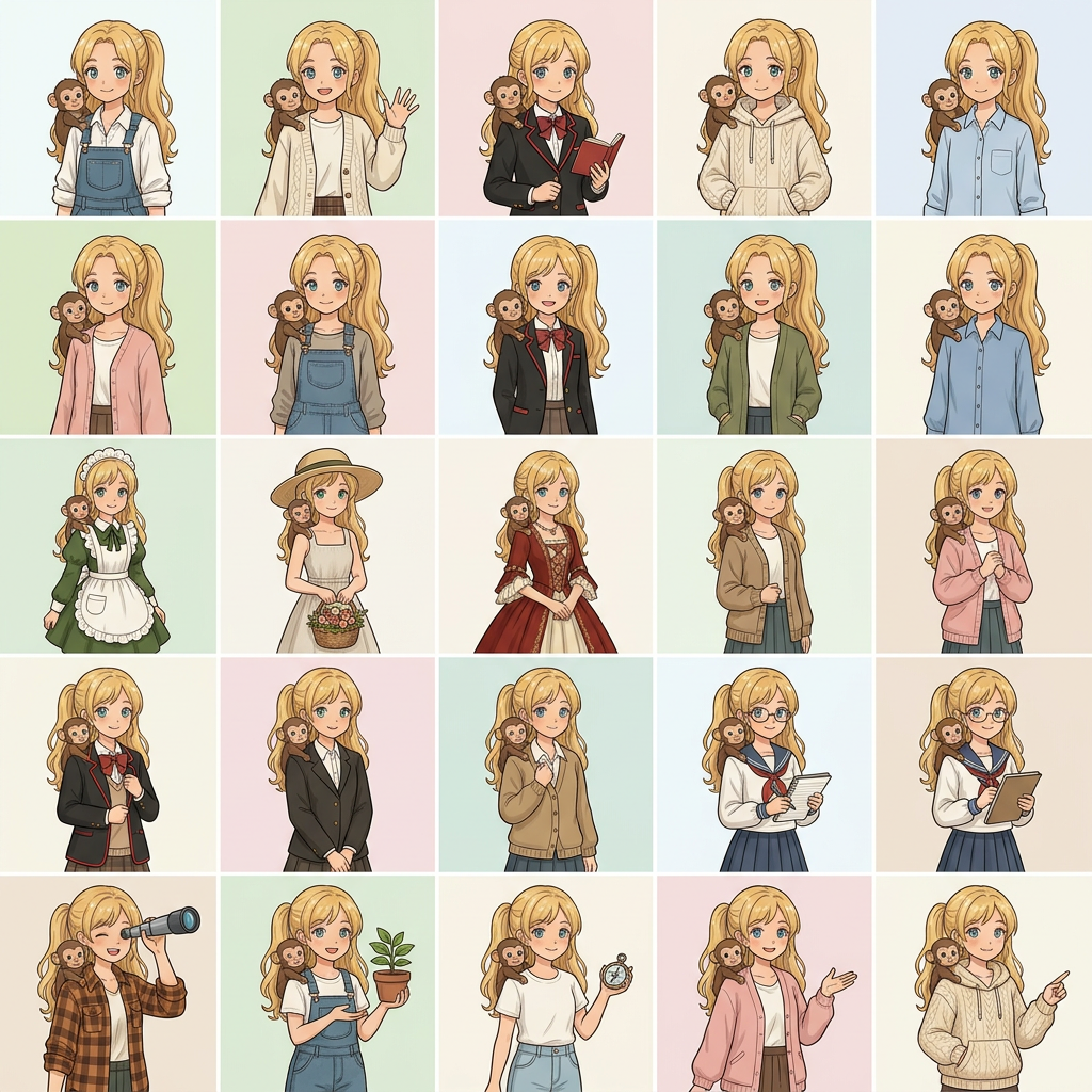 AI Design for creame una imagen animada de este tipo con la chica que sale con el pelo de color rubio 1 opciones sin fondo solo una chica por cuadrado