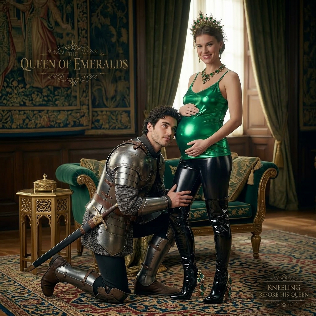 AI Design for this beautiful pregnant queen of emeralds is standing and young knight is kneeling and leaning on her leggings and she wears shiny boots