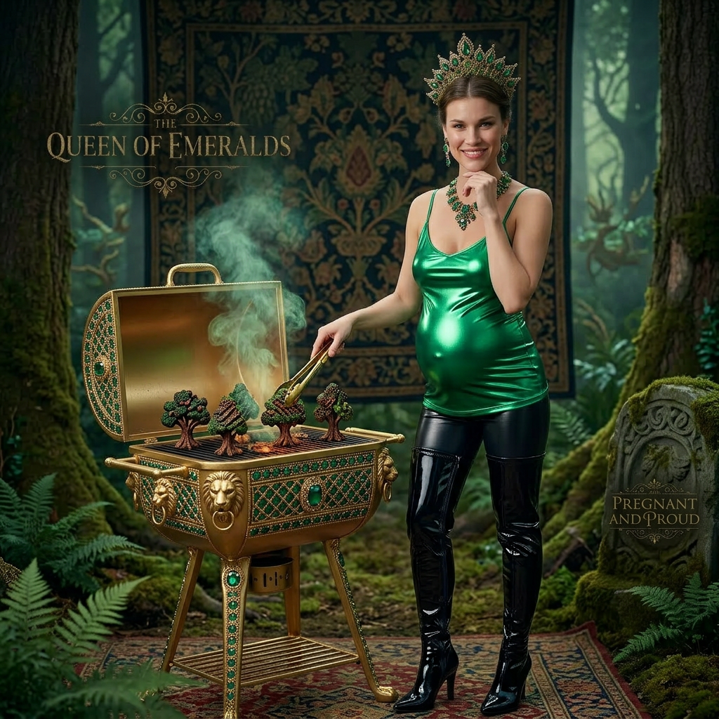 AI Design for this beautiful pregnant queen of emerald is grilling a forest and she wears shiny boots that reached to her knees