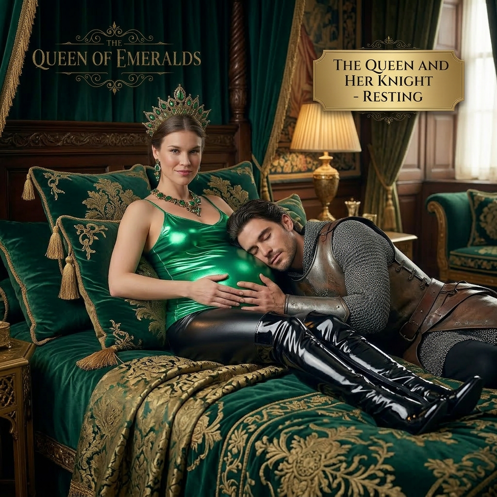 AI Design for this beautiful pregnant queen of emeralds relaxing on a bed and 30 years old knight fall asleep while hugging her on her pregnant stomach and she wears black shiny boots