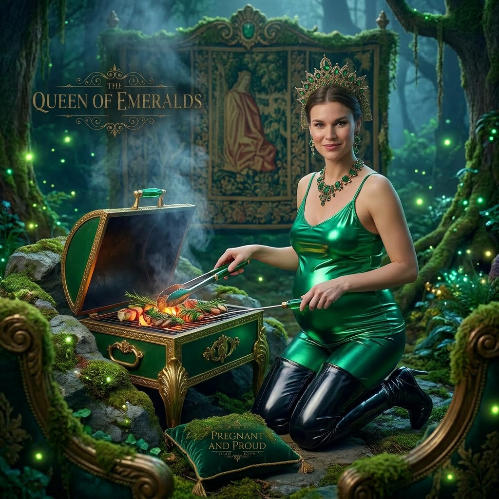 AI Design for this beautiful pregnant queen of emerald is grilling a forest and she wears shiny boots that reached to her knees