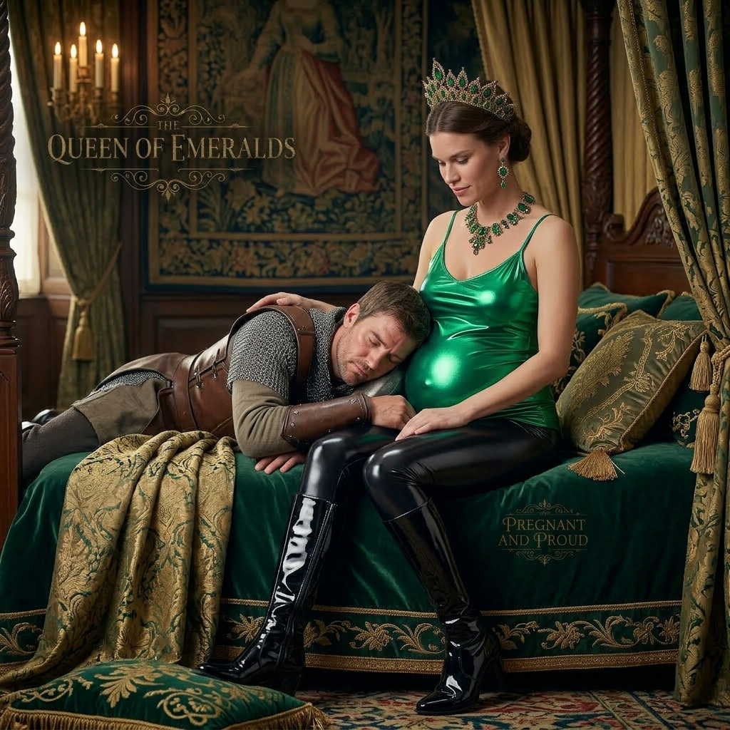 AI Design for this beautiful pregnant queen of emeralds is sitting on her spread out knees on a bed and 30 years old knight fall asleep while hugging her on her shiny leggings and she wears black shiny boots