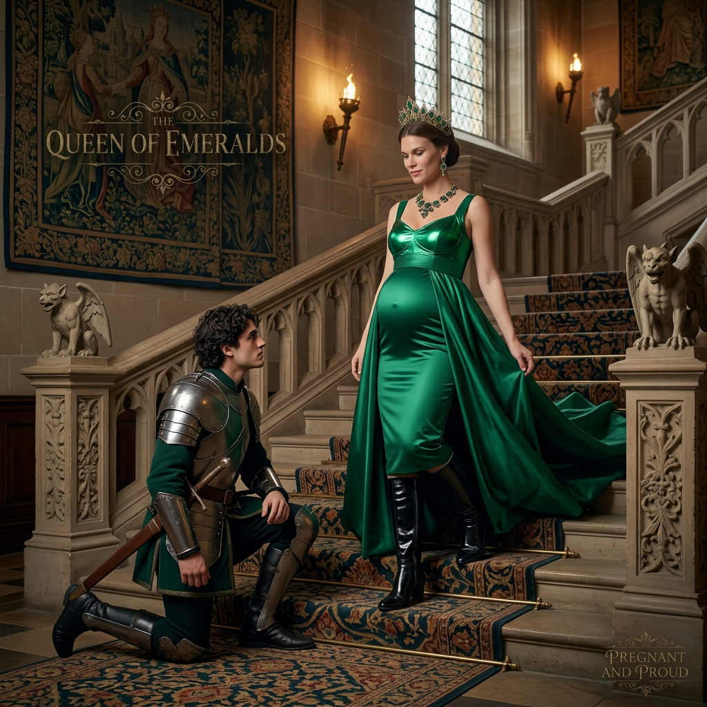 AI Design for this beautiful pregnant queen of emeralds is coming down stairs and young knight is kneeling and she wearsblack shiny boots