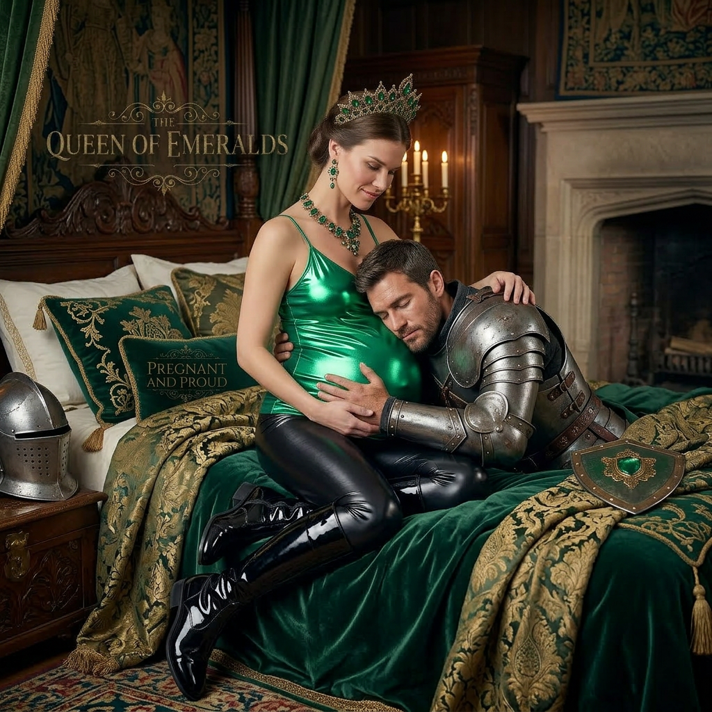 AI Design for this beautiful pregnant queen of emeralds is sitting on her spread out knees on a bed and 30 years old knight fall asleep while hugging her on her pregnant stomach and she wears black shiny boots