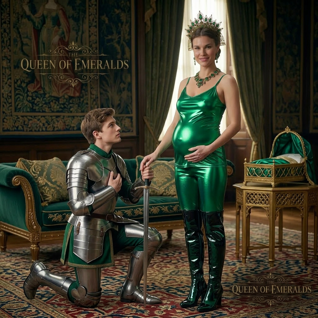 AI Design for this beautiful pregnant queen of emerald is standing and she wears shiny boots that reached to her knees and young knight is kneeling