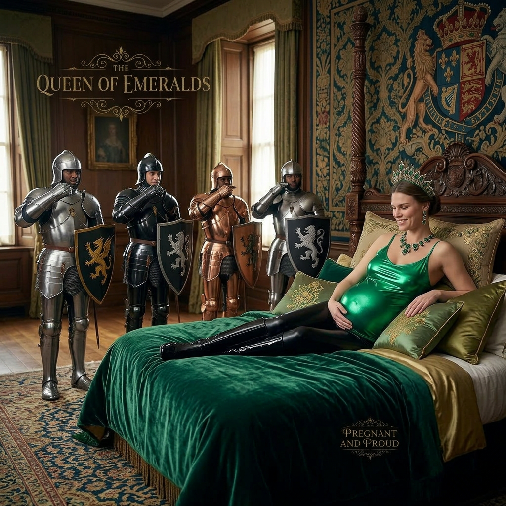 AI Design for this beautiful pregnant queen of emerald is laying on a bed while watching a knights