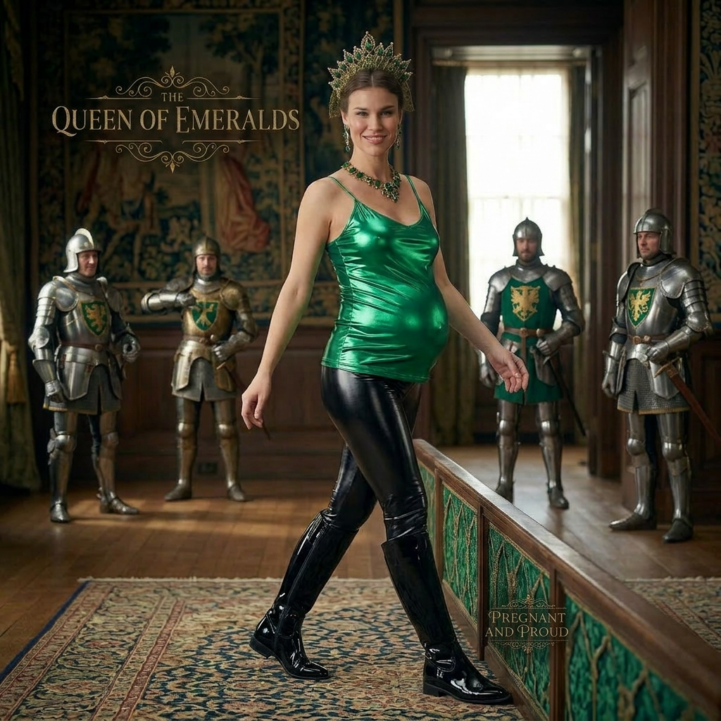 AI Design for this beautiful pregnant queen of emerald is watching her knights and she wears black shiny boots that reached to her knees