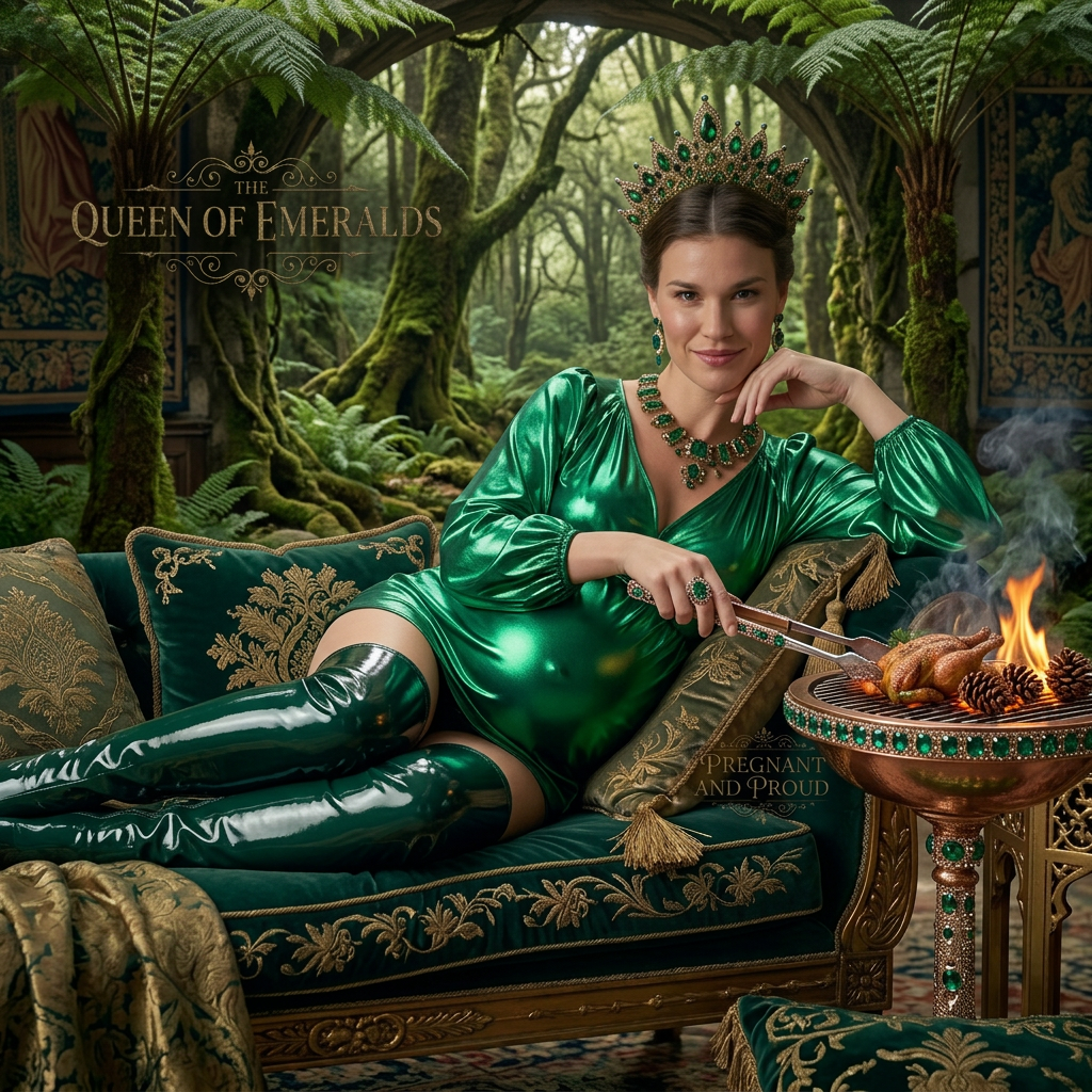 AI Design for this beautiful pregnant queen of emerald is grilling a forest and she wears shiny boots that reached to her knees