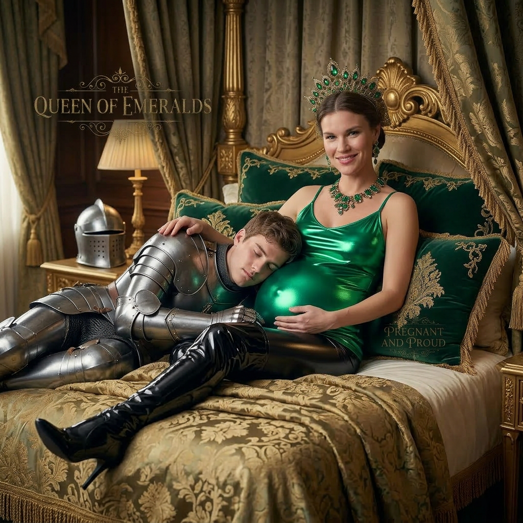 AI Design for this beautiful pregnant queen of emeralds relaxing on a bed and young knight fall asleep on her pregnant stomach and she wears black shiny boots