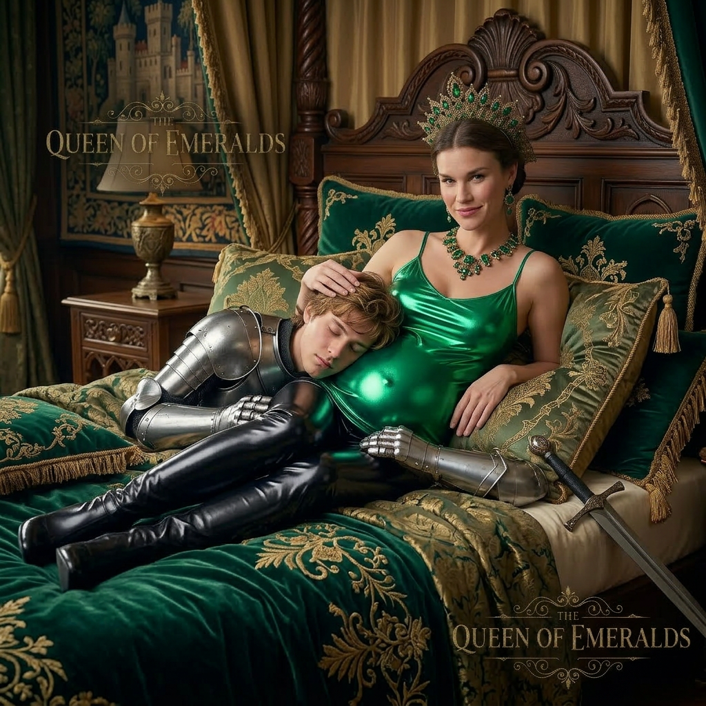 AI Design for this beautiful pregnant queen of emeralds relaxing on a bed and young knight fall asleep on her pregnant stomach and she wears black shiny boots