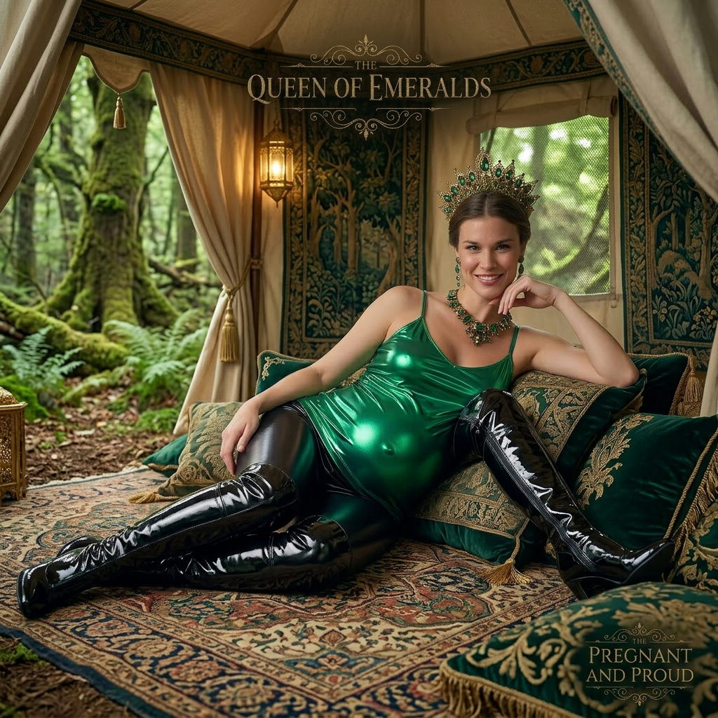 AI Design for this beautiful pregnant queen of emerald is laying in a tent in a forest and she wears shiny boots that reached to her knees