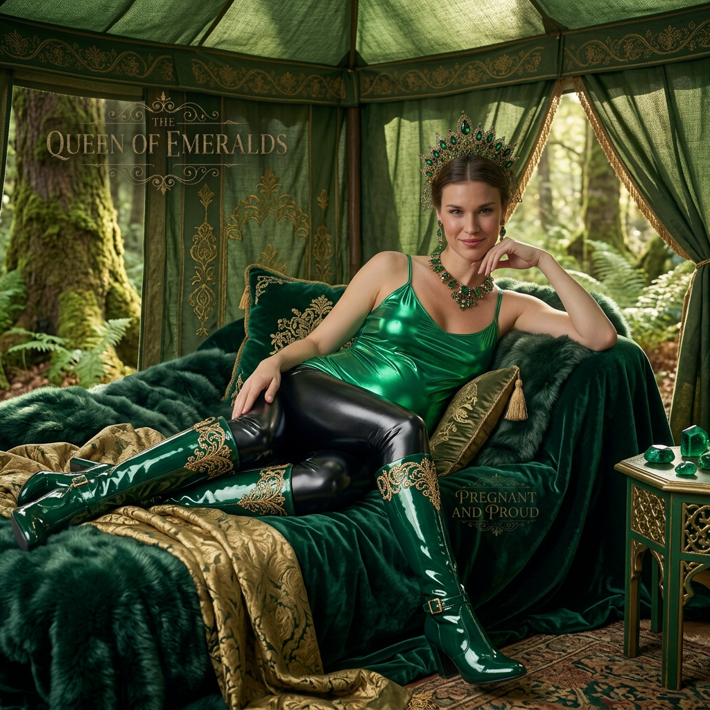 AI Design for this beautiful pregnant queen of emerald is laying in a tent in a forest and she wears shiny boots that reached to her knees